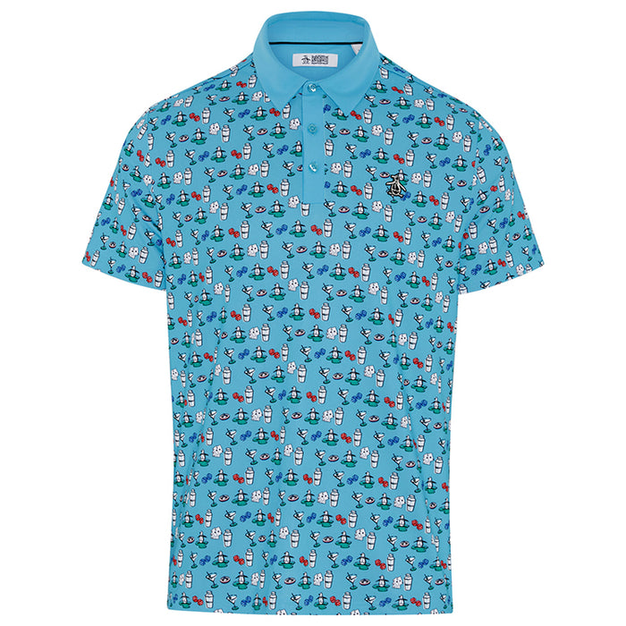 Penguin Martini Print Golf Polo Shirt - Blue Atoll