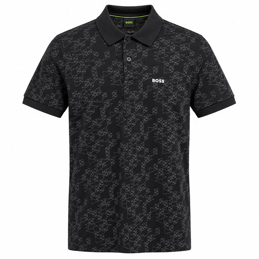 A black short-sleeve polo shirt by Hugo Boss featuring an all-over geometric monogram pattern in light gray and a white BOSS logo on the left chest, shown on a plain white background.
