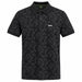 A black short-sleeve polo shirt by Hugo Boss featuring an all-over geometric monogram pattern in light gray and a white BOSS logo on the left chest, shown on a plain white background.