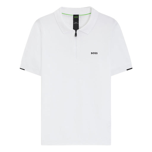 A white short-sleeve polo shirt by Hugo Boss, featuring a small black embroidered logo on the left chest, a black zipper at the collar, and black trim details on the sleeve cuffs.