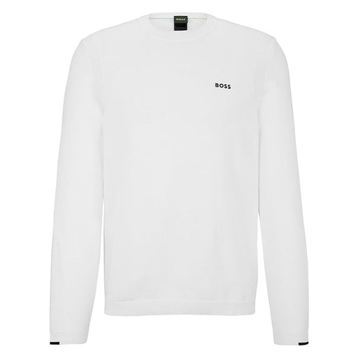 A white long-sleeve crewneck sweatshirt with a small black 'BOSS' logo on the left chest, displayed on a clean white background.