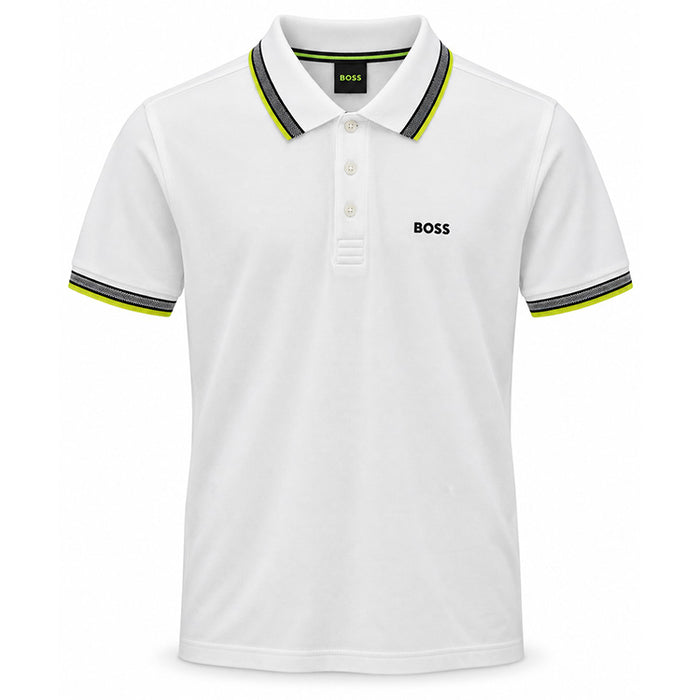 A white short-sleeve polo shirt by BOSS, featuring a black and lime green striped collar and sleeve trim, with the BOSS logo printed in black on the left chest.