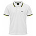A white short-sleeve polo shirt by BOSS, featuring a black and lime green striped collar and sleeve trim, with the BOSS logo printed in black on the left chest.