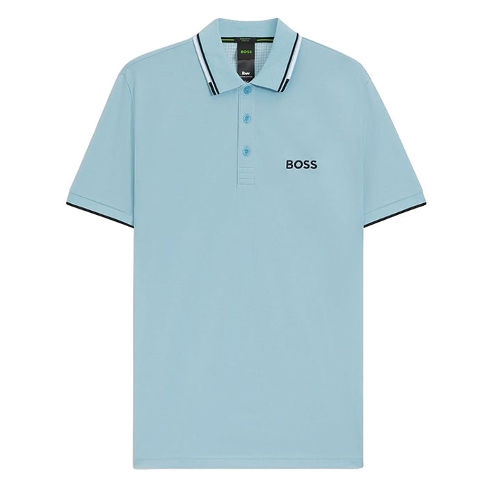 A light blue short-sleeve polo shirt by Hugo Boss, featuring a white and navy striped collar, a three-button placket, and the black 'BOSS' logo on the left chest.