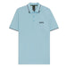 A light blue short-sleeve polo shirt by Hugo Boss, featuring a white and navy striped collar, a three-button placket, and the black 'BOSS' logo on the left chest.