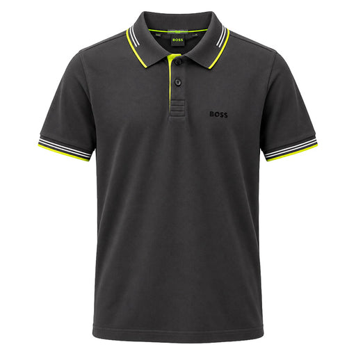 A dark gray short-sleeve polo shirt by BOSS, featuring a black collar and sleeve cuffs with white and neon yellow stripes, and a black BOSS logo on the left chest.