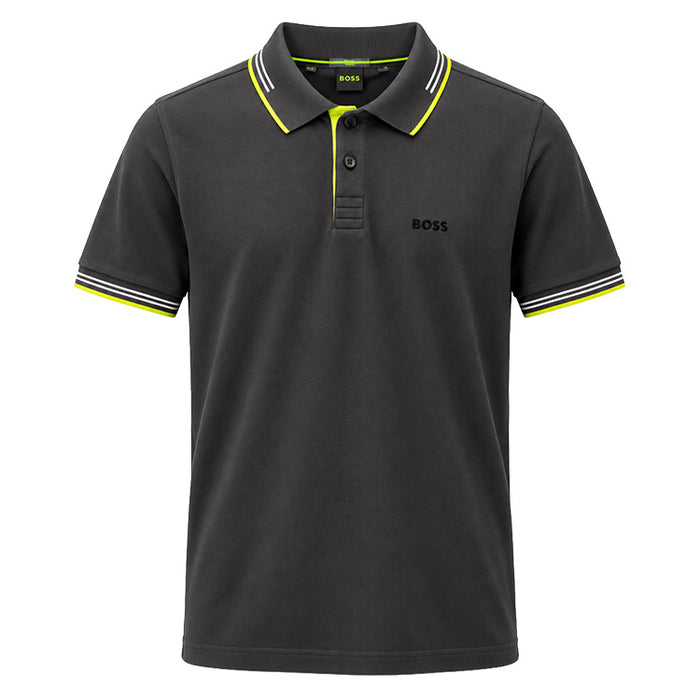 A dark gray short-sleeve polo shirt by BOSS, featuring a black collar and sleeve cuffs with white and neon yellow stripes, and a black BOSS logo on the left chest.