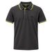 A dark gray short-sleeve polo shirt by BOSS, featuring a black collar and sleeve cuffs with white and neon yellow stripes, and a black BOSS logo on the left chest.