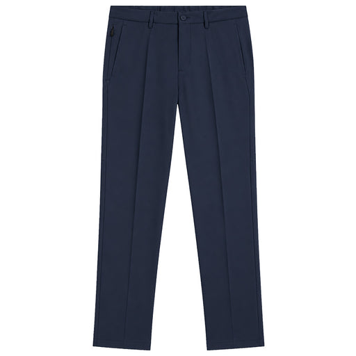 A pair of navy BOSS blue dress pants shown flat against a solid white background.