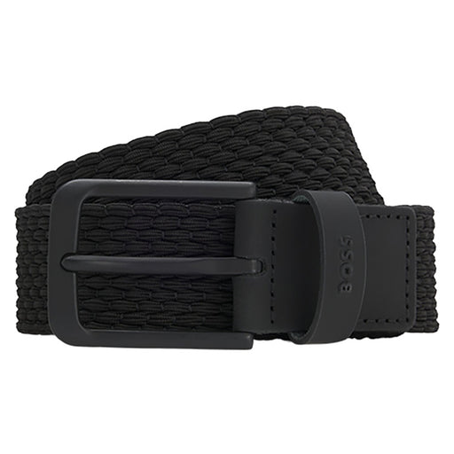 A black woven fabric belt with a matte black metal buckle and a matching black leather keeper, featuring the BOSS logo debossed on the side, set against a plain white background.