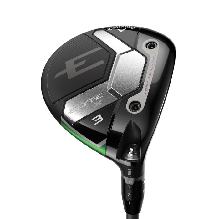 Callaway E-Elite X 3 wood golf club head in black, silver, and white with a green accent line, shown on a white background.