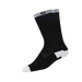 A single black crew sock with white toe, heel, and a gray ribbed cuff, featuring a small black logo on the cuff, shown against a plain white background.