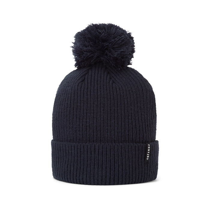 A navy footjoy wooly bobble hat with a pom on the top