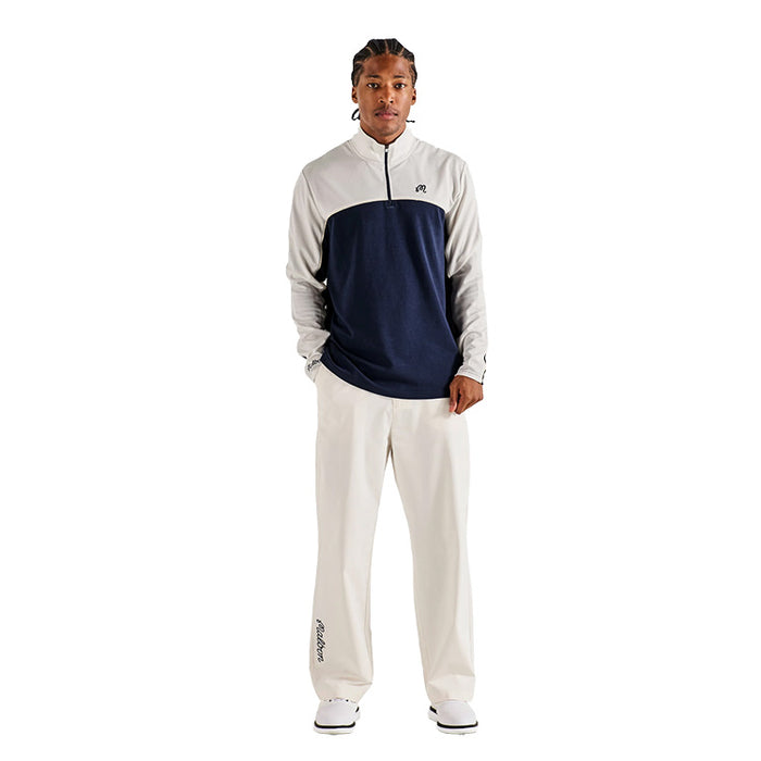 Front View of a model wearing the Malbon Aurora Midlayer, a Men's Quarter Zip in Navy White