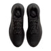 A pair of black athletic sneakers shown from a top-down view against a solid white background.