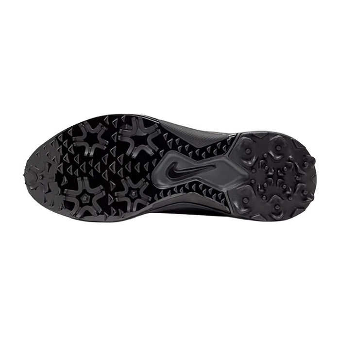 The black sole of a Nike athletic shoe, featuring a textured tread pattern and a molded Nike Swoosh, shown against a plain white background.
