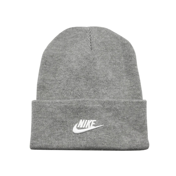 Gray knit beanie with Nike logo on a white background
