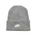 Gray knit beanie with Nike logo on a white background