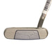 A silver-colored golf putter head with a textured damascus steel face and a wrapped handle isolated on a white background.