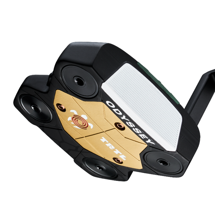 Hero shot of the new odyssey turtle putter, seen from the front and slightly underneath. The Crank Hosel aka plumber's neck