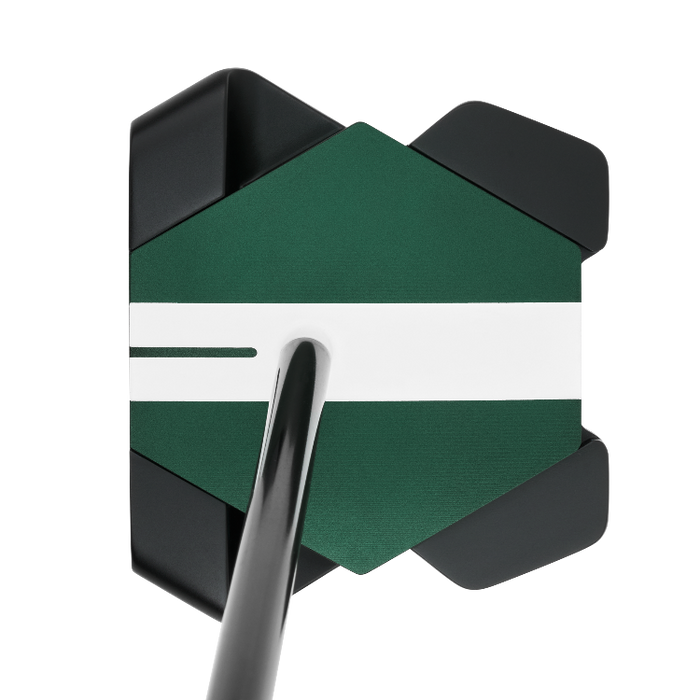 A close-up studio shot of a Odyssey Turtle Golf Putter head, showing a dark green and white patterned face with black corner bolsters and a black shaft against a solid white background.
Image shows the view at address