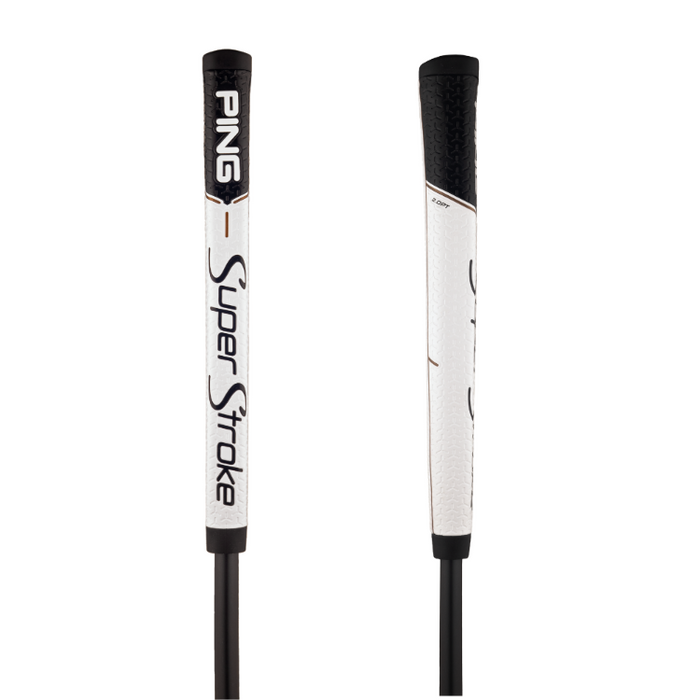 Two views of a PING Super Stroke golf putter grip on a solid white background, showing the front face and the side profile.