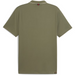 An olive green short-sleeve polo shirt shown from the back, featuring a white contrast collar and a small red and blue striped detail at the inner neck.