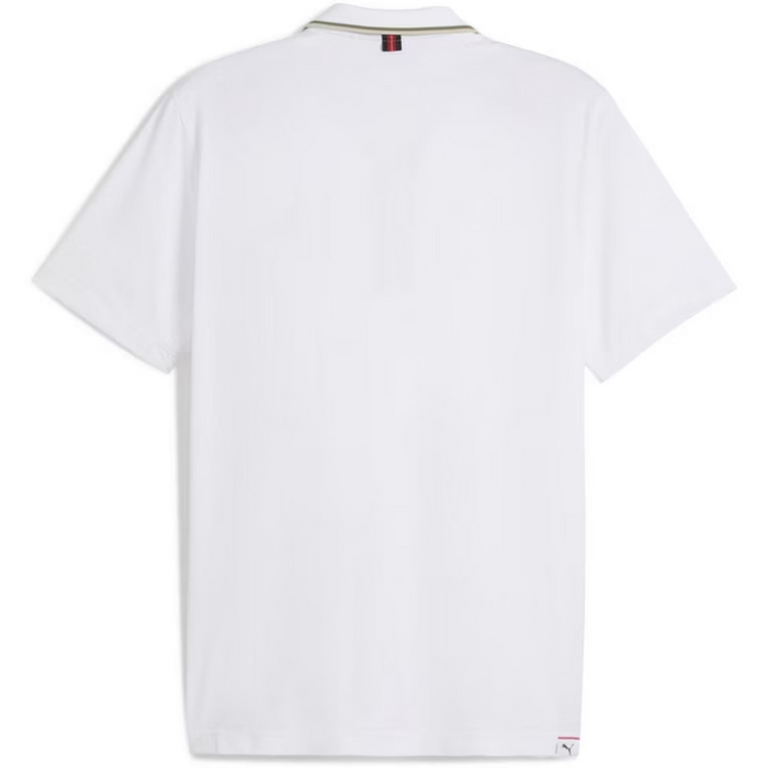 White short-sleeve polo shirt shown from the back, featuring a classic collar with a thin green, red, and white stripe detail, and a small brand tag near the bottom right hem.