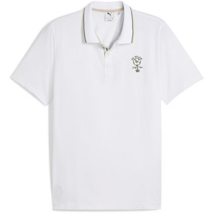 A white short-sleeve polo shirt with a beige double stripe accent on the collar and a small embroidered crest on the left chest, displayed on a clean white background.