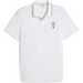 A white short-sleeve polo shirt with a beige double stripe accent on the collar and a small embroidered crest on the left chest, displayed on a clean white background.