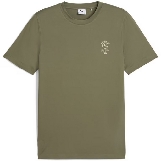 An olive green crewneck t-shirt by Puma, featuring a small white chest graphic of a puma with the text 'BE MUCK' and 'BE MUCK PUMA' on a plain white background.