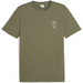 An olive green crewneck t-shirt by Puma, featuring a small white chest graphic of a puma with the text 'BE MUCK' and 'BE MUCK PUMA' on a plain white background.