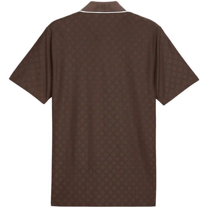 A dark brownish golf polo shirt from Puma and arnold palmer in flat bronze viewed from the back