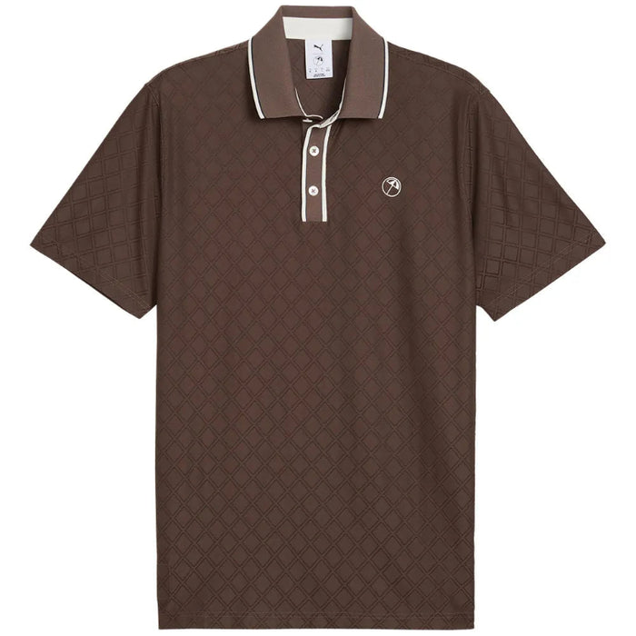 A dark brownish golf polo shirt from Puma and arnold palmer in flat bronze viewed from the front