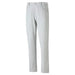 A pair of light gray slim-fit trousers shown flat against a solid white background.