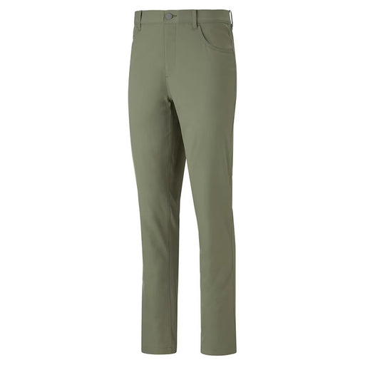A view from the front of a pair of dark sage green coloured Puma Golf trousers
