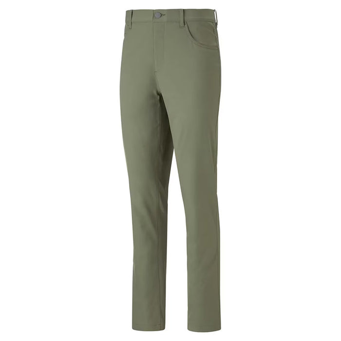 A view from the front of a pair of dark sage green coloured Puma Golf trousers