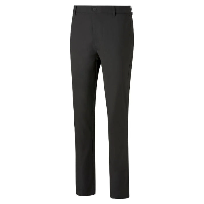 A view from the front of a pair of black Puma Golf trousers