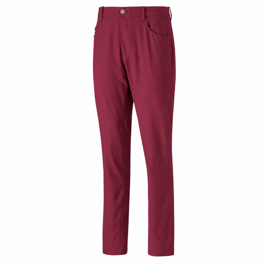 A view from the front of a pair of red ruby shimmer Puma Golf trousers