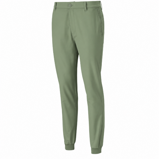 A Front view of the Puma Dealer golfer's Jogging bottoms in a dark sage colour