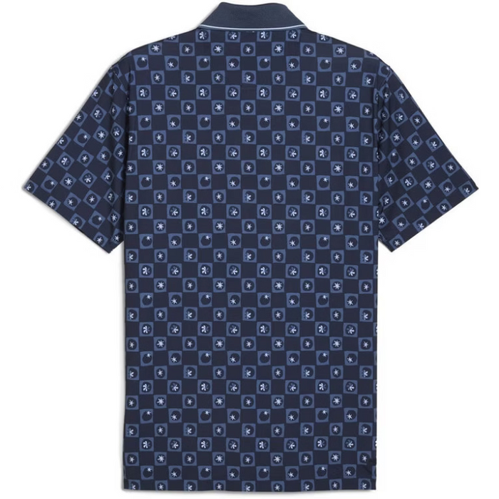 A navy micro golf polo shirt from Puma and the Palm Tree Crew in Deep Navy viewed from the back