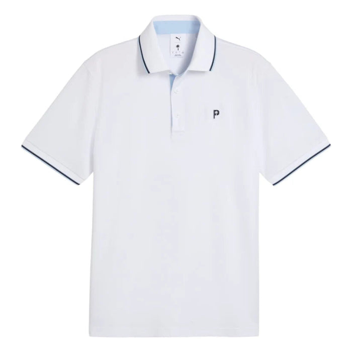 A white golf polo shirt from Puma and the Palm Tree Crew in White Glow / Haute Tropic viewed from the front