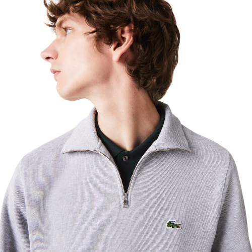 Lacoste Men's Zippered Stand-Up Collar Cotton Sweatshirt - Grey Chine