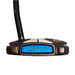 A close-up of a golf putter head with a black and dark bronze body, a bright blue textured front insert featuring the 'Spider' logo in silver, and a black shaft extending upward against a white background.