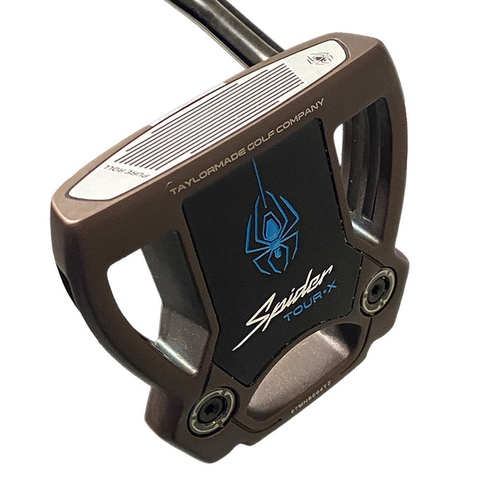 TaylorMade Golf Company Spider Tour-X putter head in a metallic bronze finish with a black face insert featuring a blue spider logo and white script branding.