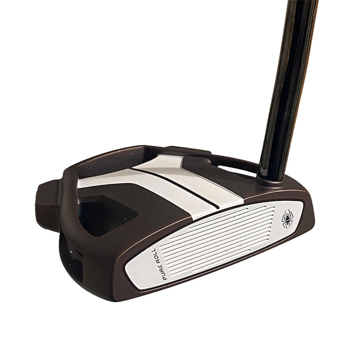 A close-up studio shot of a putter head on a golf club, featuring a dark brown and white design with the insert name 'Pure Roll'' visible on the face.