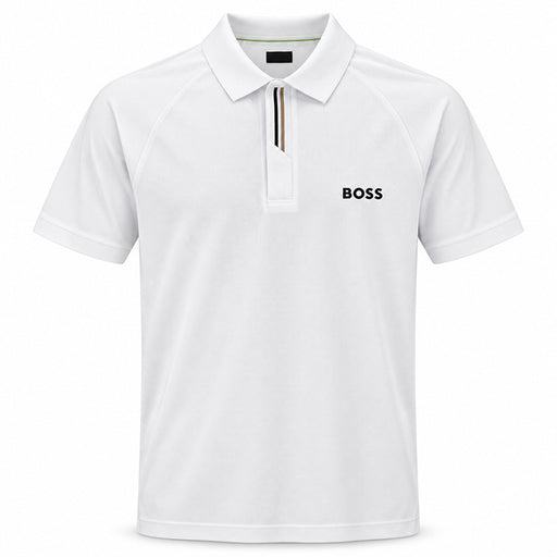 A white short-sleeve polo shirt with a three-button placket featuring gold and brown stripes, and the black BOSS logo printed on the left chest.