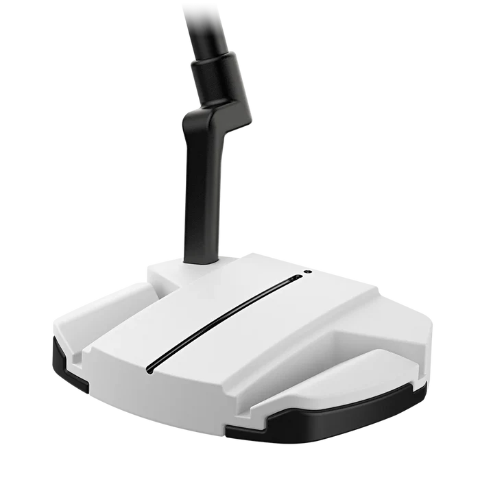 A white and black golf putter head with a black shaft, shown against a solid white background.