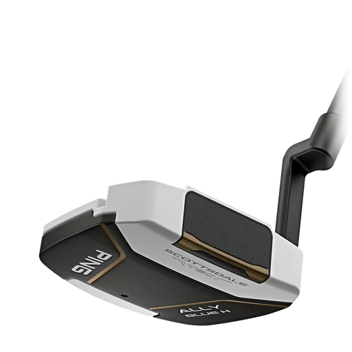 Close-up studio shot of a Ping Scottsdale ALLEY BLUE putter head on a clean white background, showing the white and black clubface with gold accents and part of the black shaft.