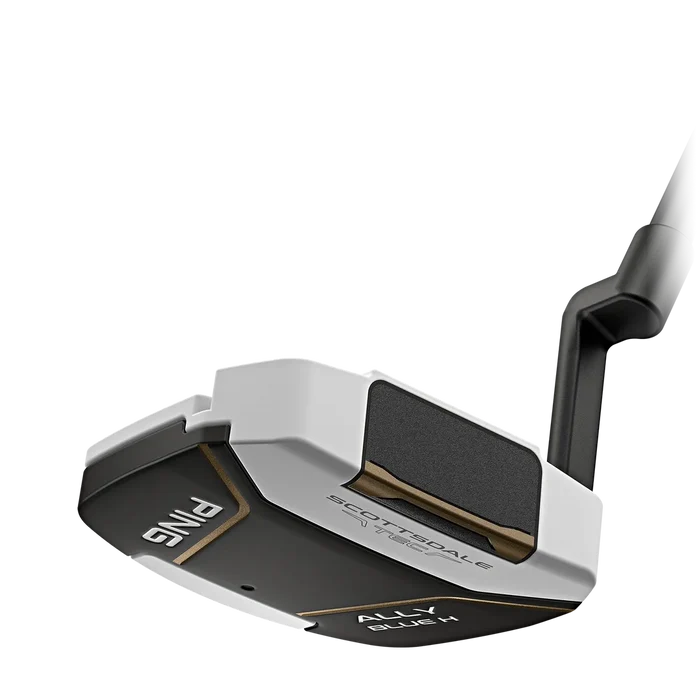 Close-up studio shot of a Ping Scottsdale ALLEY BLUE putter head on a clean white background, showing the white and black clubface with gold accents and part of the black shaft.